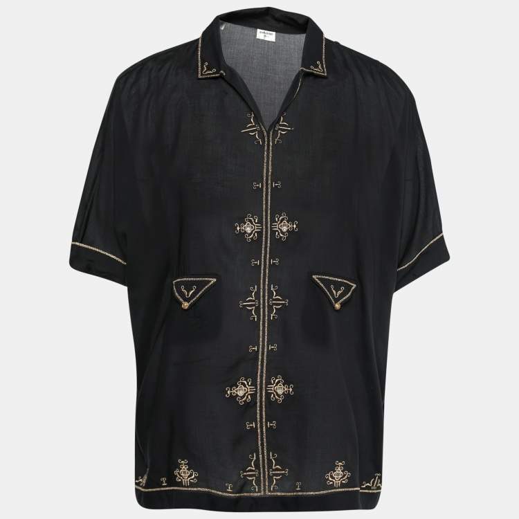Pre Owned Saint Laurent Black Lamé Embroidered Short Sleeve Tunic XXXL