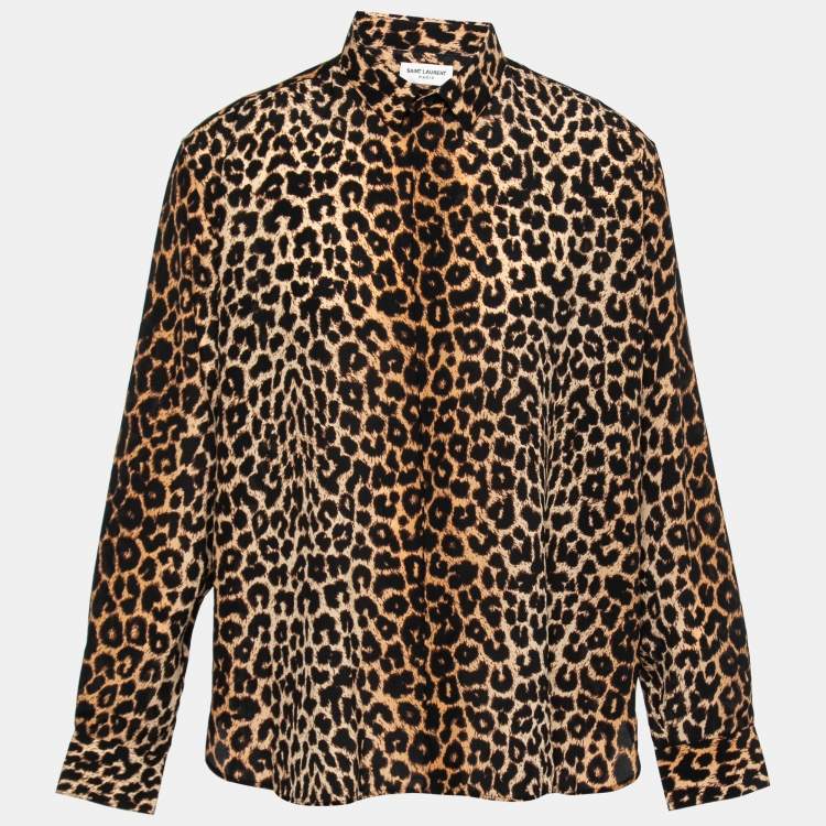 Pre Owned Saint Laurent Brown Leopard Print Oversized Shirt XS