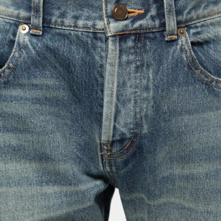 Pre Owned Saint Laurent Paris Blue Distressed Denim Bandana Patch Detail Jeans XL Waist 33"
