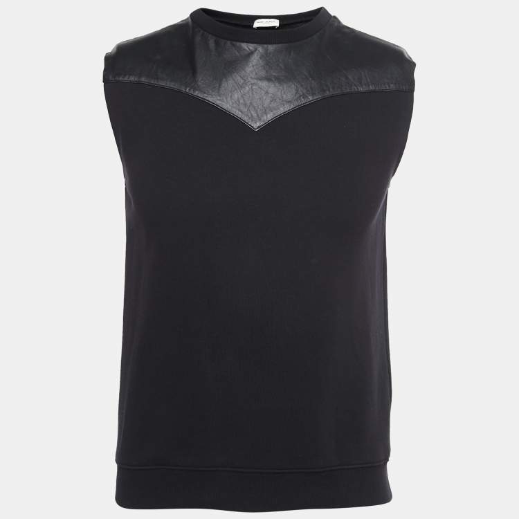 Pre Owned Saint Laurent Black Cotton & Leather Sleeveless Pullover S