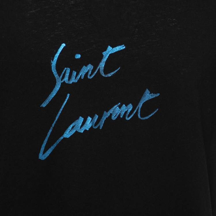 Pre Owned Saint Laurent Paris Black Signature Print Cotton Crew Neck T-Shirt S