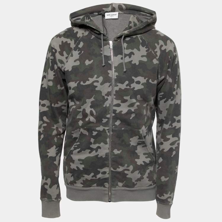 Pre Owned Saint Laurent Grey Camouflage Print Distressed Cotton Hoodie XL