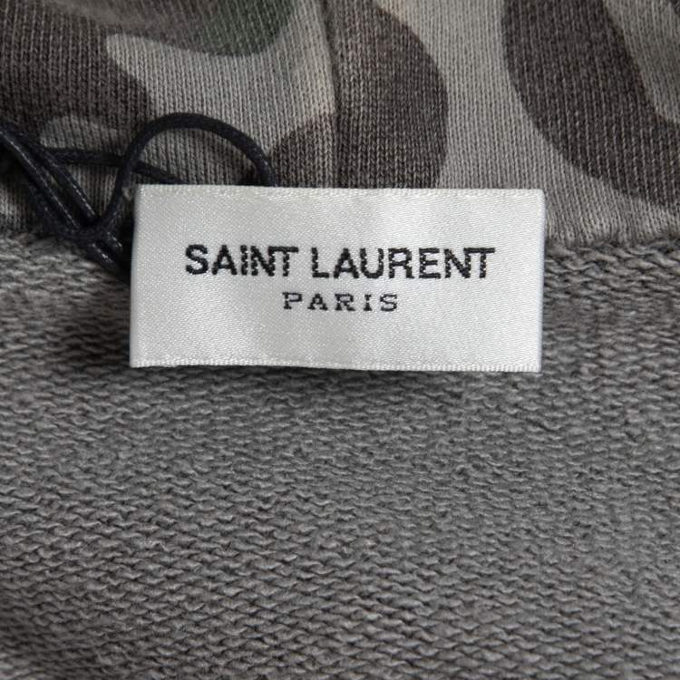 Pre Owned Saint Laurent Grey Camouflage Print Distressed Cotton Hoodie XL