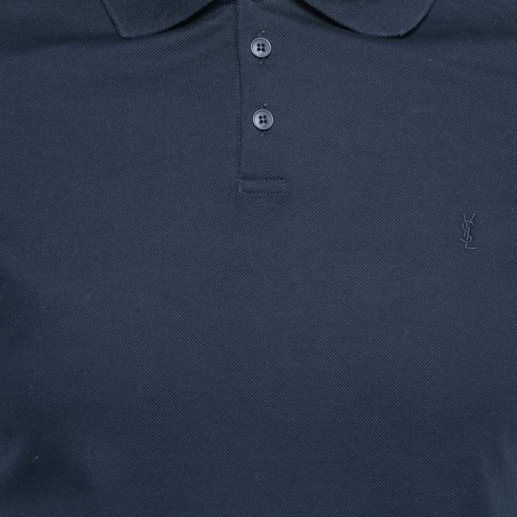 Pre Owned Saint Laurent Paris Navy Blue Cotton Logo Embroidered Polo T-Shirt M