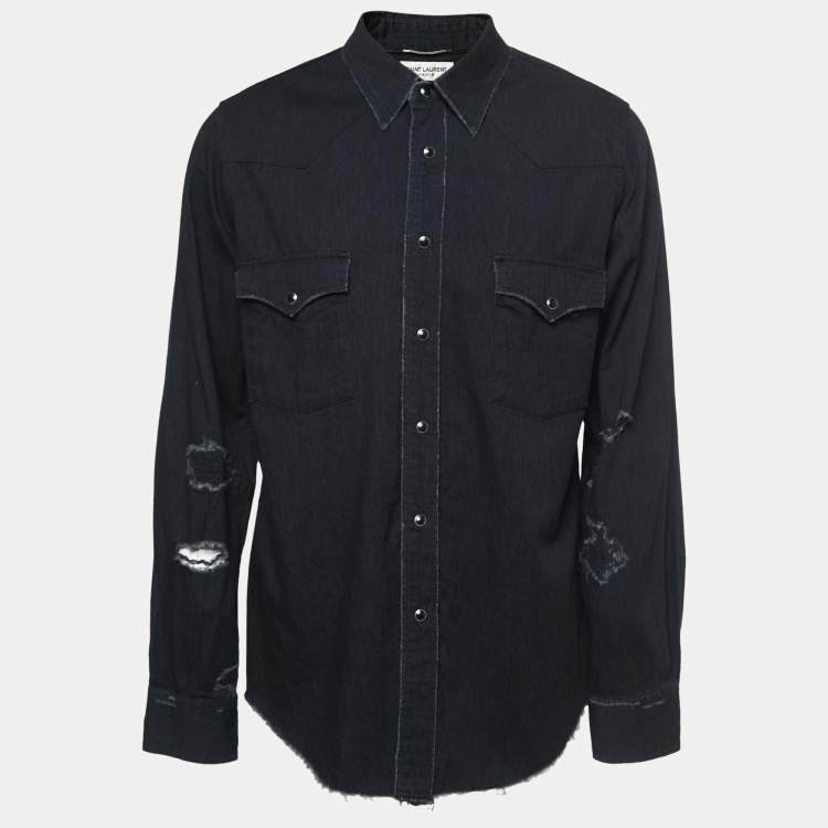 Pre Owned Saint Laurent Black Distressed Denim Full Sleeve Shirt XL