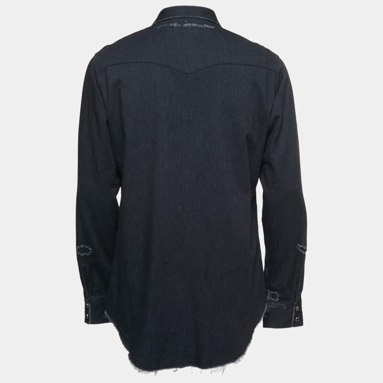 Pre Owned Saint Laurent Black Distressed Denim Full Sleeve Shirt XL