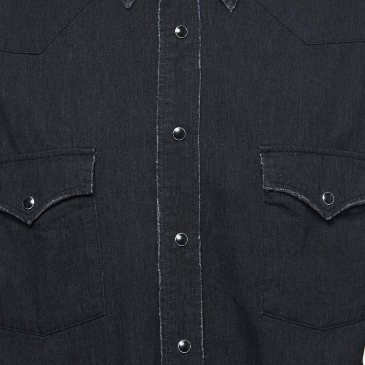 Pre Owned Saint Laurent Black Distressed Denim Full Sleeve Shirt XL