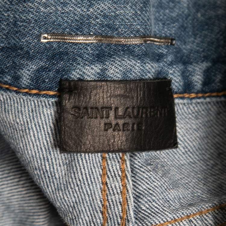Pre Owned Saint Laurent Paris Blue Washed Distressed Denim Skinny Jeans L Waist 33"