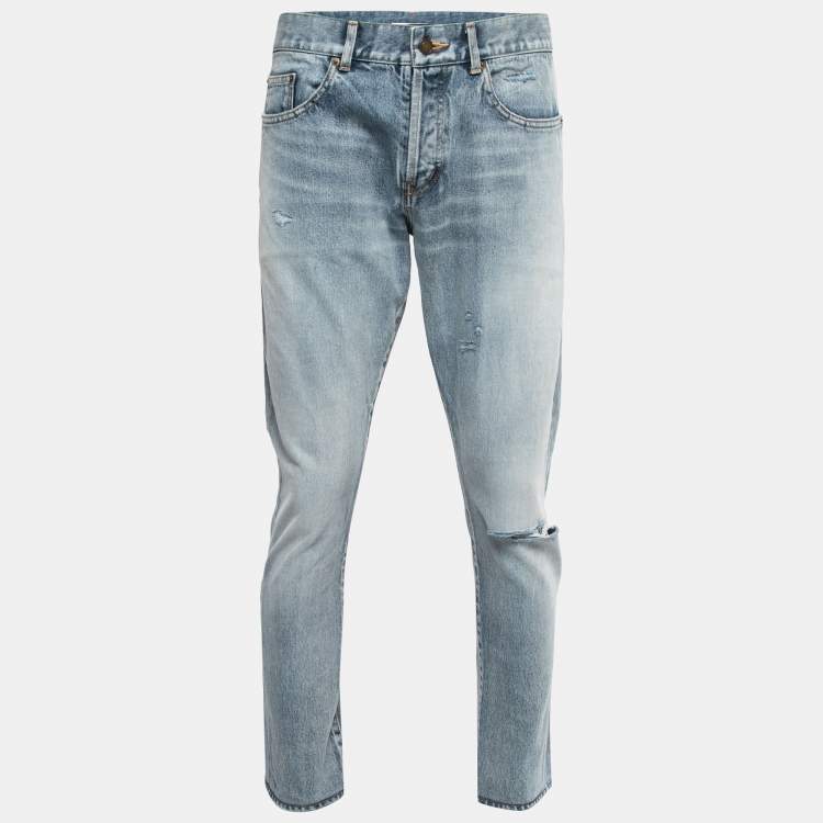 Pre Owned Saint Laurent Paris Blue Washed Distressed Denim Skinny Jeans L Waist 33"