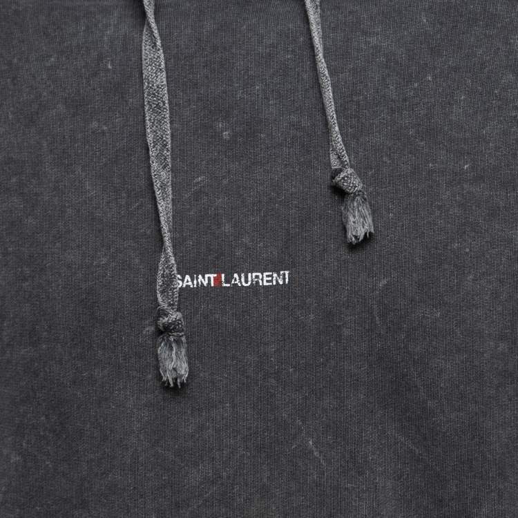 Pre Owned Saint Laurent Grey Distressed Cotton Logo Print Hoodie M
