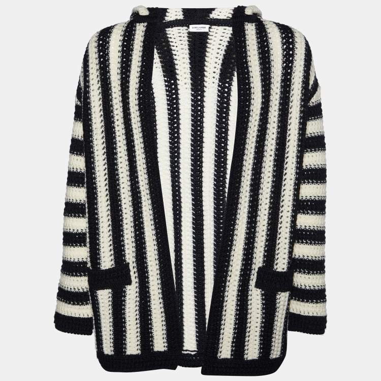 Pre Owned Saint Laurent Monochrome Striped Crochet-knit Wool Hooded Cardigan S