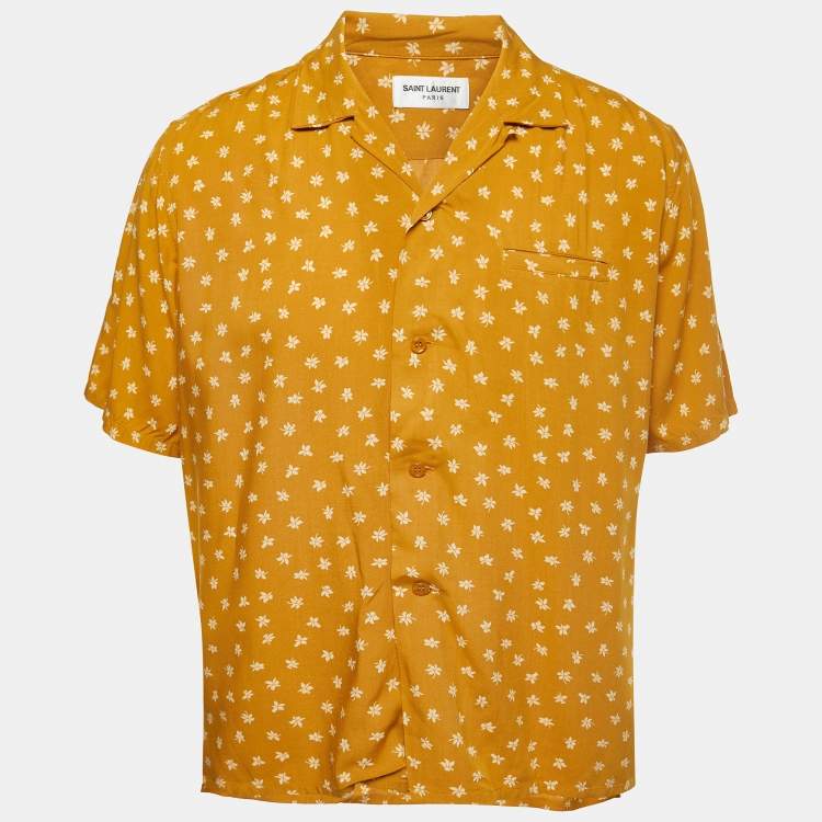 Pre Owned Saint Laurent Paris Mustard Yellow Floral All-Over Motif Crepe Button Front Half Sleeve Shirt M