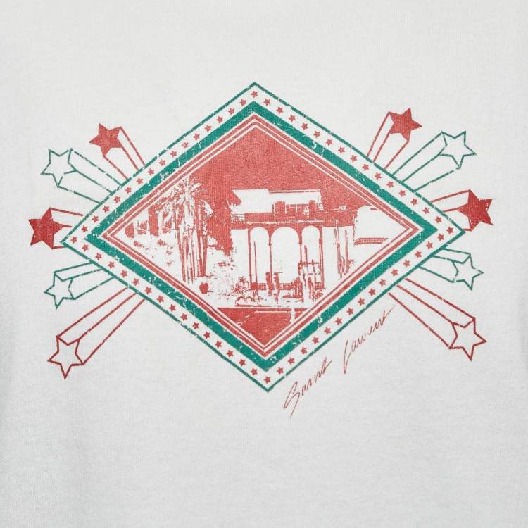 Pre Owned Saint Laurent White Print Distressed Cotton Crew Neck Half Sleeve T-Shirt S