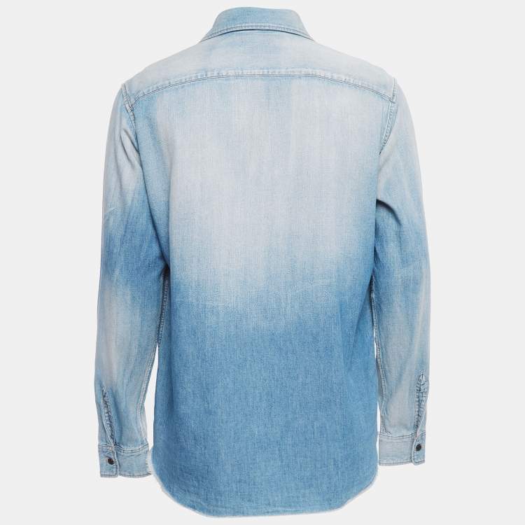 Pre Owned Saint Laurent Paris Blue Washed Logo Embroidered Button Front Shirt L
