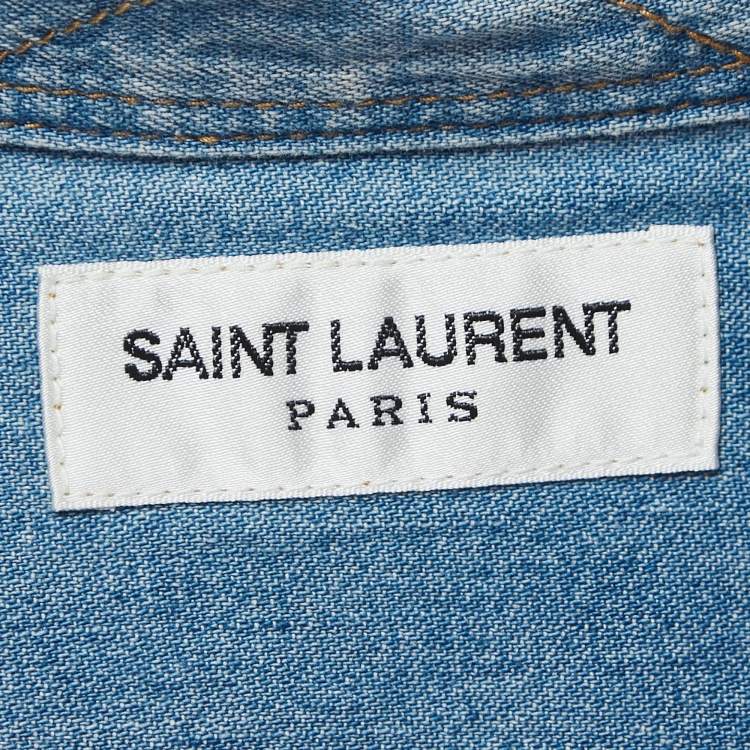 Pre Owned Saint Laurent Paris Blue Washed Logo Embroidered Button Front Shirt L