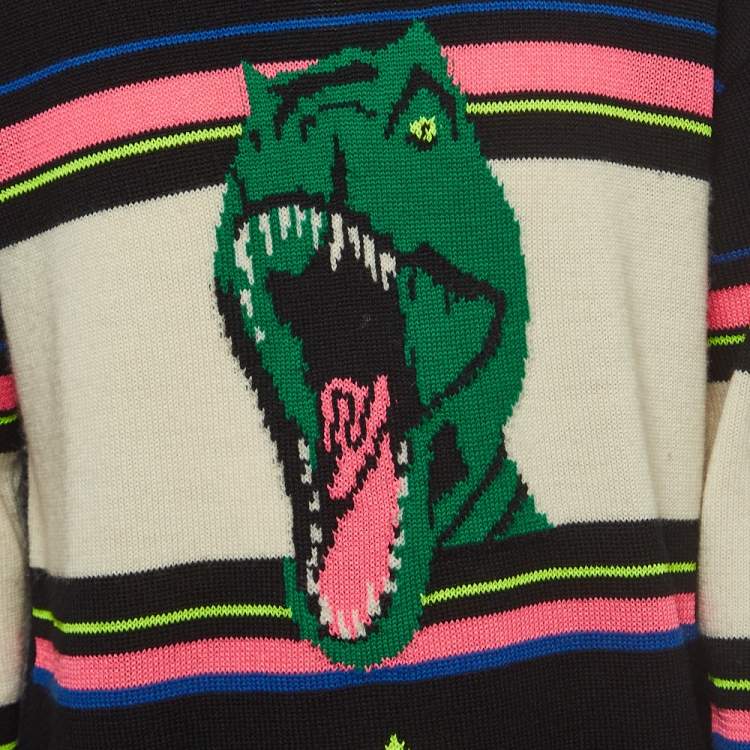 Pre Owned Saint Laurent Black/Multicolor Dinosaur Intarsia Wool Sweater XL