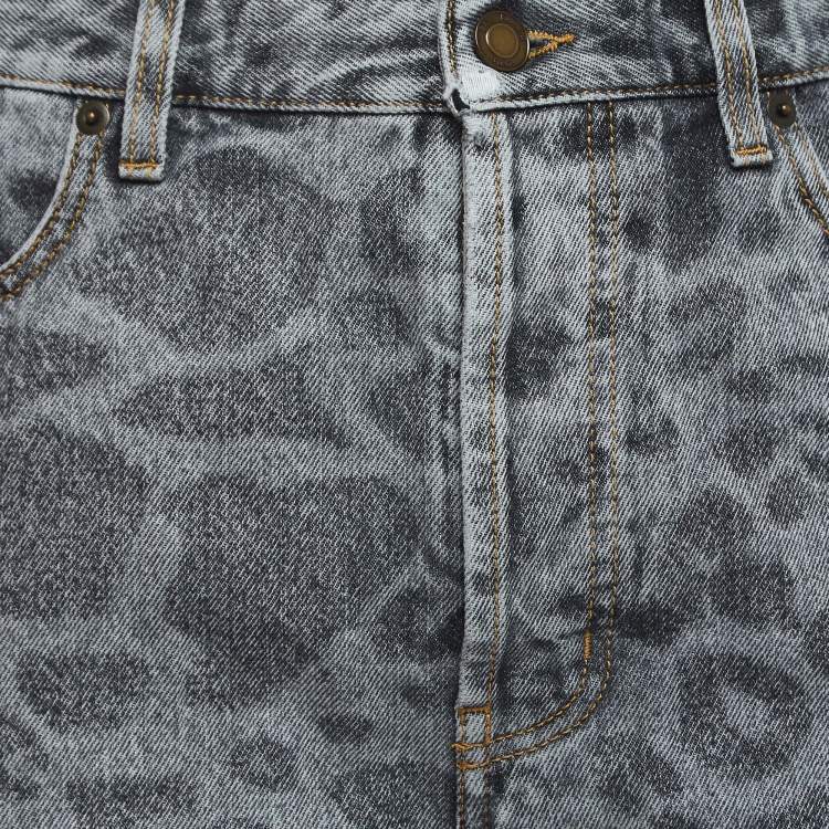Pre Owned Saint Laurent Paris Grey Leopard Print Denim Shorts M Waist 32''