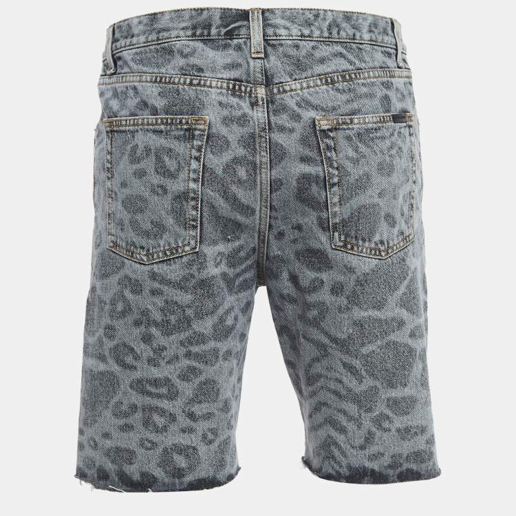 Pre Owned Saint Laurent Paris Grey Leopard Print Denim Shorts M Waist 32''