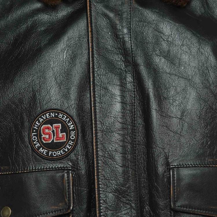 Pre Owned Saint Laurent Paris Brown Applique Detail Leather Jacket XL