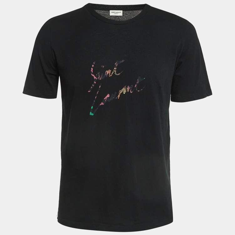 Pre Owned Saint Laurent Paris Logo Print Cotton Raw Back Hem T-Shirt S