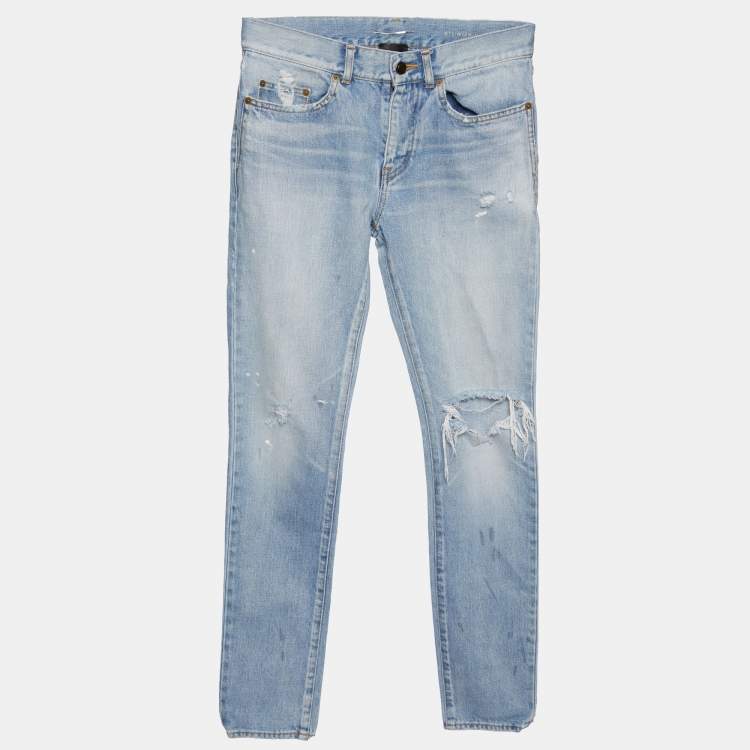 Pre Owned Saint Laurent Paris Blue Denim Distressed Skinny Jeans S/Waist 31"