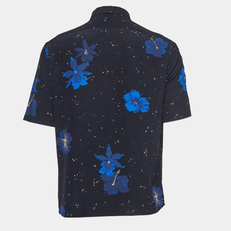 Pre Owned Saint Laurent Paris Noir Blue Confetti Hibiscus Silk Shirt M
