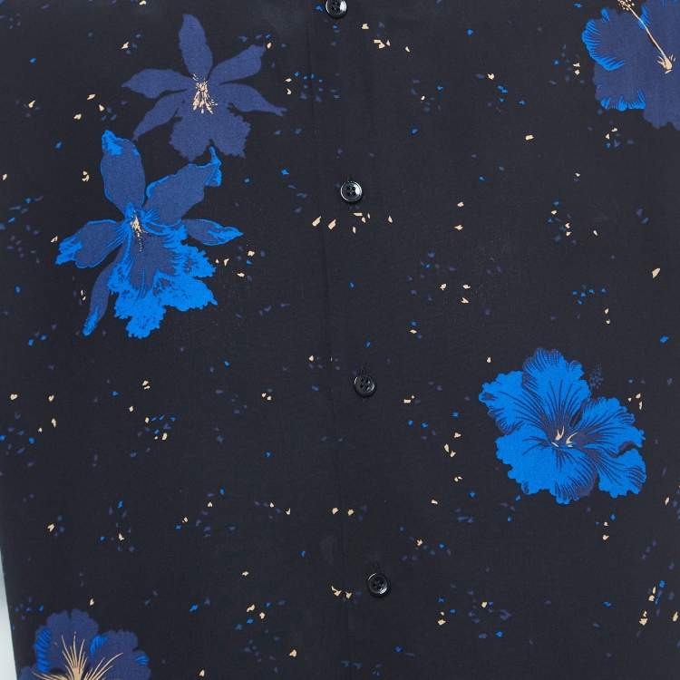 Pre Owned Saint Laurent Paris Noir Blue Confetti Hibiscus Silk Shirt M