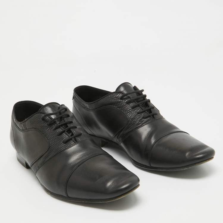 Pre Owned Saint Laurent Black Lizard Embossed and Leather Lace Up Oxfords Size 42