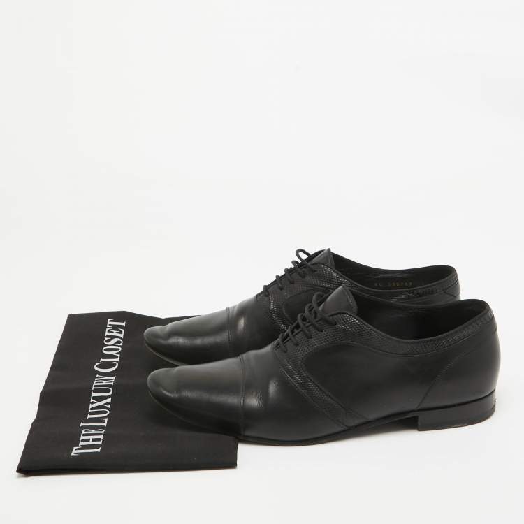 Pre Owned Saint Laurent Black Lizard Embossed and Leather Lace Up Oxfords Size 42