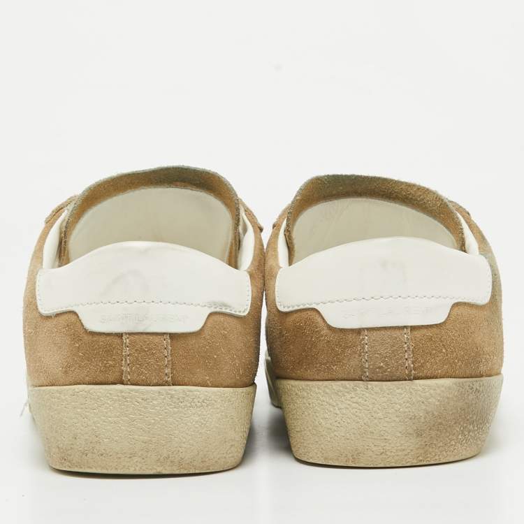 Pre Owned Saint Laurent Beige Leather and Suede Court Classic Lace Up Sneakers Size 43