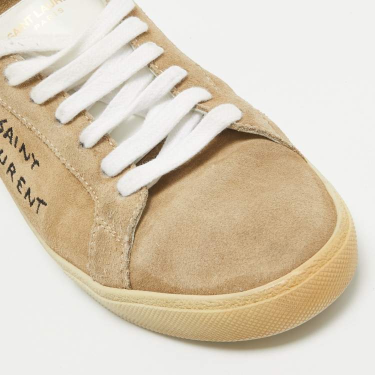 Pre Owned Saint Laurent Beige Leather and Suede Court Classic Lace Up Sneakers Size 43