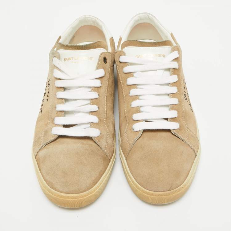 Pre Owned Saint Laurent Beige Leather and Suede Court Classic Lace Up Sneakers Size 43