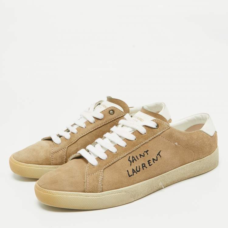 Pre Owned Saint Laurent Beige Leather and Suede Court Classic Lace Up Sneakers Size 43