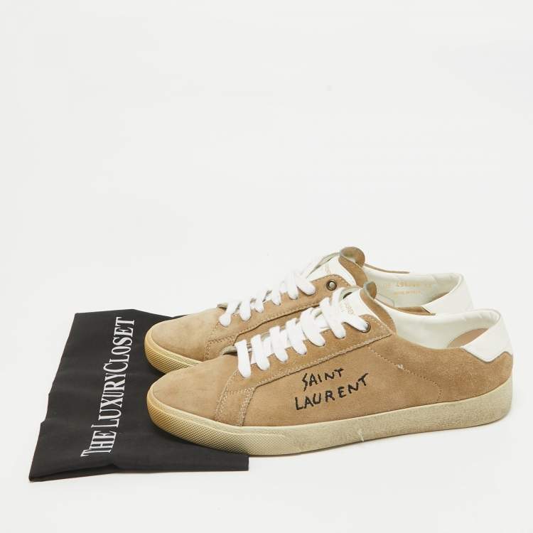Pre Owned Saint Laurent Beige Leather and Suede Court Classic Lace Up Sneakers Size 43