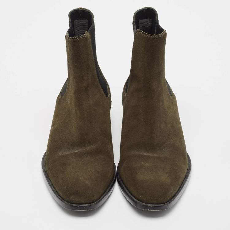 Pre Owned Saint Laurent Green Suede Wyatt Ankle Length Boots Size 39