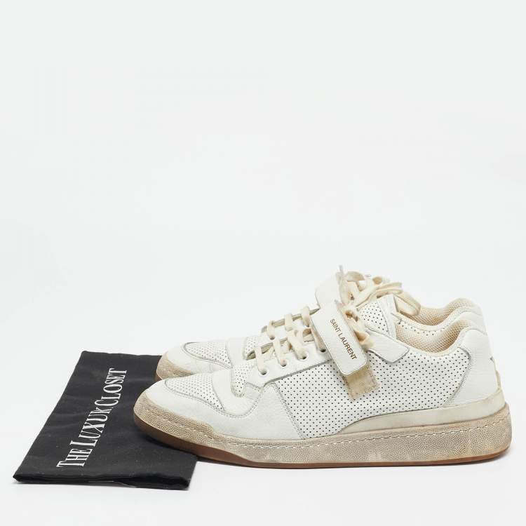 Pre Owned Saint Laurent White Perforated Leather Low Top Sneakers Size 45