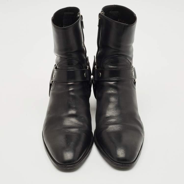 Pre Owned Saint Laurent Black Leather Wyatt Harness Ankle Boots Size 45