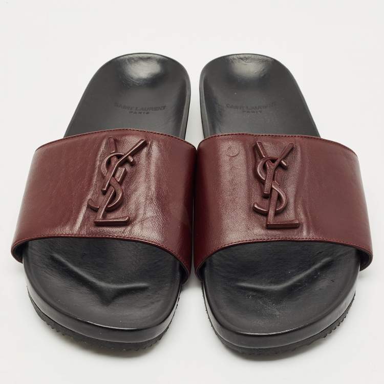 Pre Owned Saint Laurent Burgundy Leather Joan Flat Slides Size 41