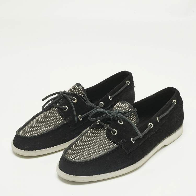 Pre Owned Saint Laurent Black Leather and Suede Studded Deck Loafers Size 43