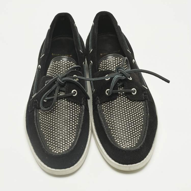 Pre Owned Saint Laurent Black Leather and Suede Studded Deck Loafers Size 43