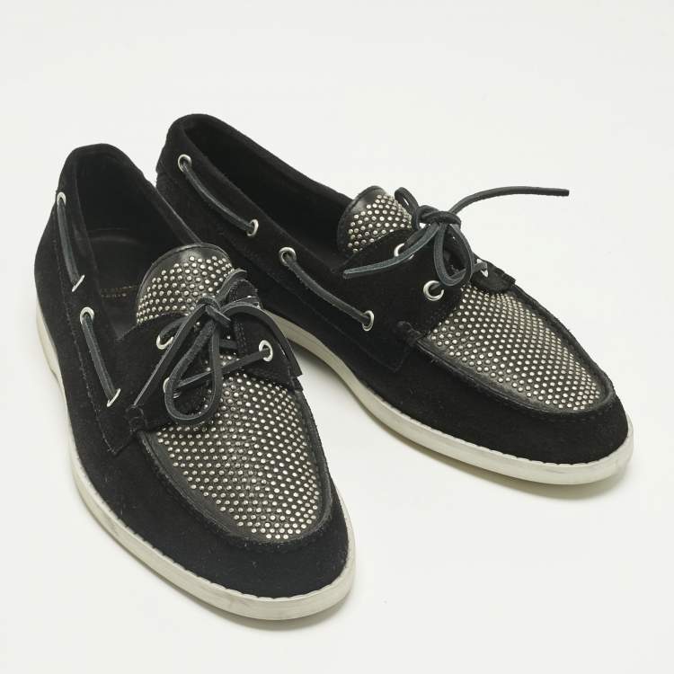 Pre Owned Saint Laurent Black Leather and Suede Studded Deck Loafers Size 43