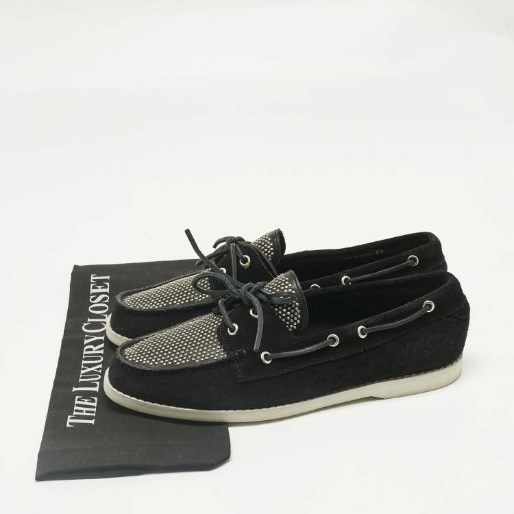 Pre Owned Saint Laurent Black Leather and Suede Studded Deck Loafers Size 43