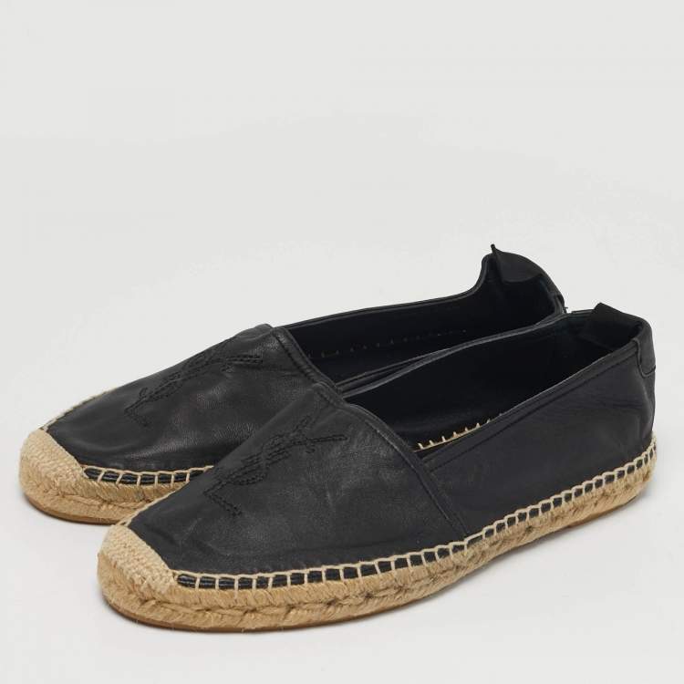 Pre Owned Saint Laurent Cassandre Size 41 Black Leather Espadrille Flat