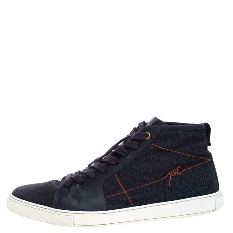 Pre Owned Saint Laurent Paris Blue Denim And Leather Malibu High Top Sneakers Size 42.5