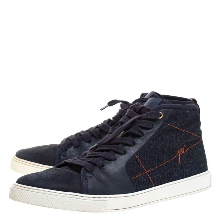 Pre Owned Saint Laurent Paris Blue Denim And Leather Malibu High Top Sneakers Size 42.5