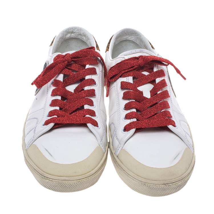 Pre Owned Saint Laurent Paris White Leather And Suede Court Classic SL/37 Diamond Patch Low Top Sneakers Size 41