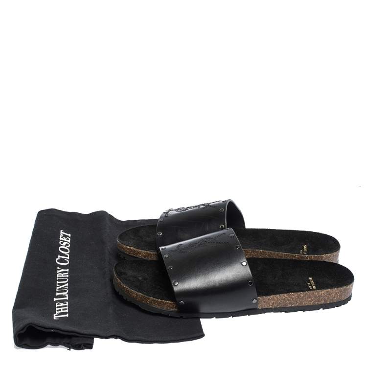 black leather slide sandals