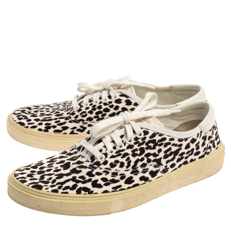 Pre Owned Saint Laurent White/Black Leopard Print Canvas Venice Low Top Sneakers Size 43