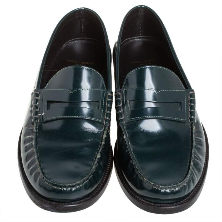 Pre Owned Saint Laurent Green Leather Penny Slip On Loafers Size 42