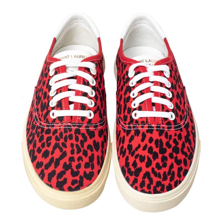 Pre Owned Saint Laurent Red/Black Leopard Print Canvas Skate Low Top Sneakers Size 40.5